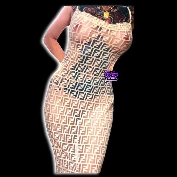 Vintage Fendi Monogram Logo FF Zucca Dress (nude) Sheer Nylon Lace - Picture 10 of 15